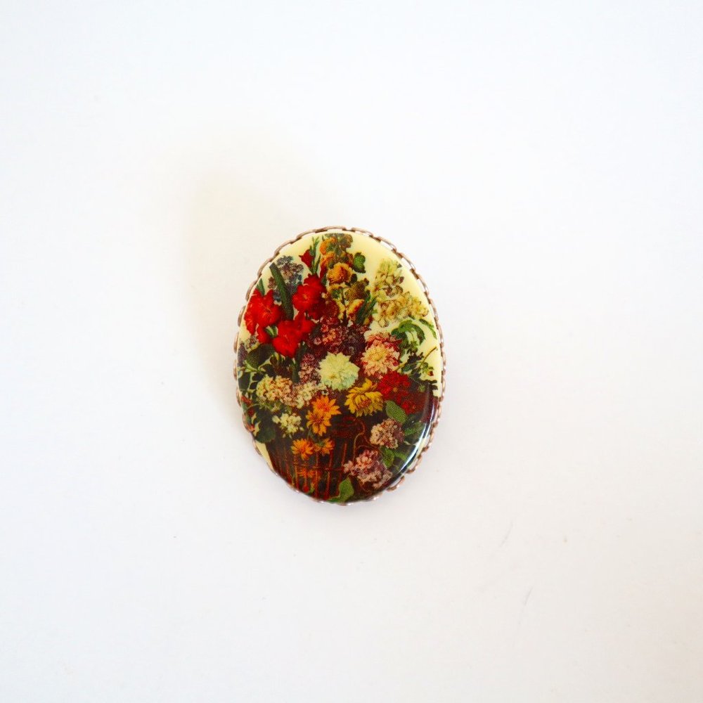 Vintage Floral Vignette Enamel Brooch Pin